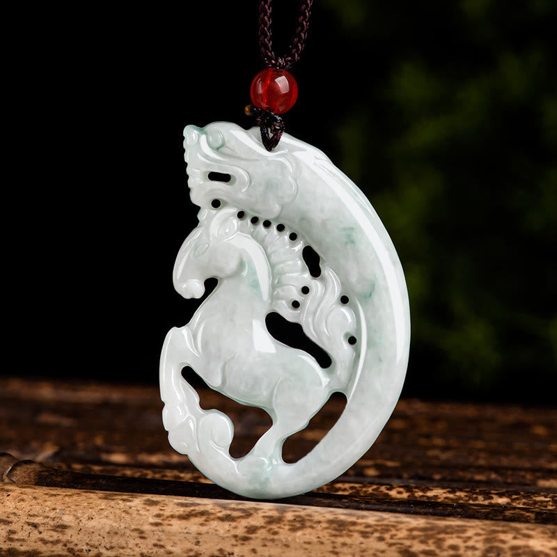 Buddha Stones Year of the Horse Dragon Jade Prosperity Rope Necklace Pendant