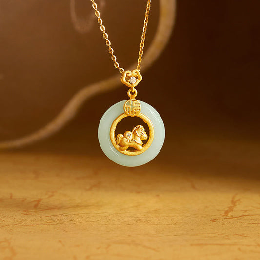 Buddha Stones 925 Sterling Silver Year of the Horse Hetian Jade Peace Buckle Luck Necklace Pendant