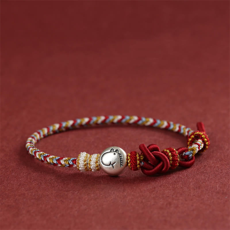 Buddha Stones Year of the Horse 999 Sterling Silver Dunhuang Color String Braided Luck Bracelet