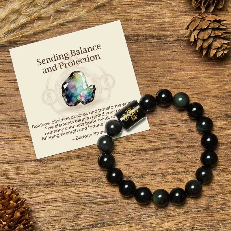 Buddha Stones "sending Balance and Protection" Rainbow Obsidian Bracelet Includes Gift Message Card
