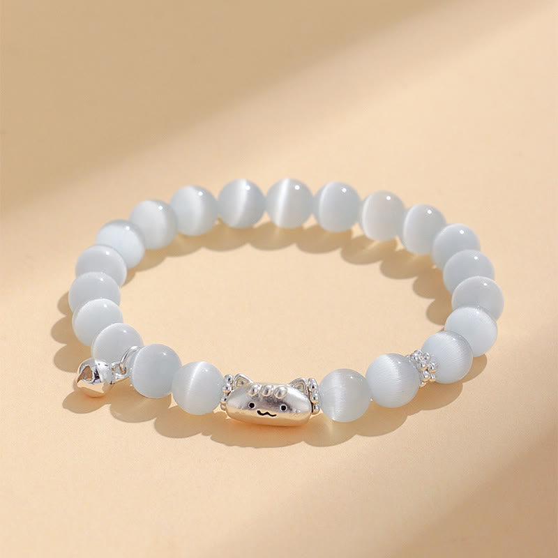 Buddha Stones 999 Sterling Silver Natural Cat Head White Cat's Eye White Agate Positive Bracelet
