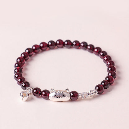 Buddha Stones 999 Sterling Silver Natural Cat Head Garnet Protection Bead Bracelet