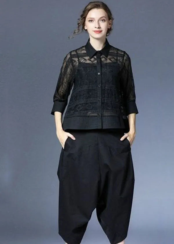Black Peter Pan Collar Embroideried Tulle Two Pieces Set Summer