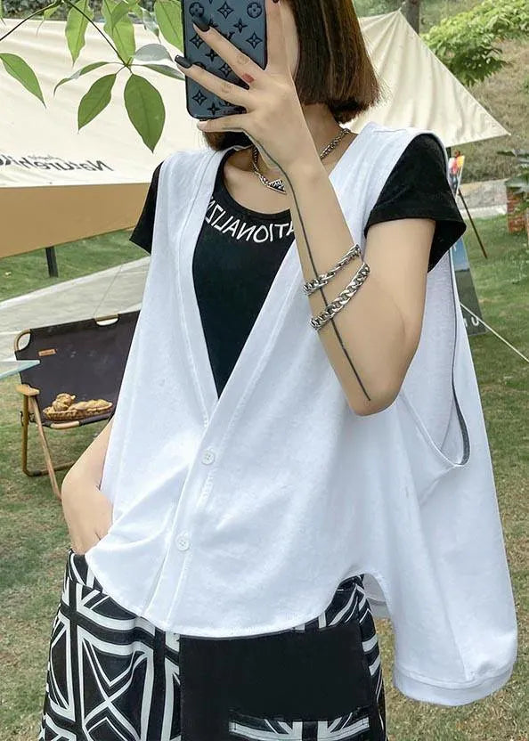 White Button Low High Design Sleeveless Vest Summer