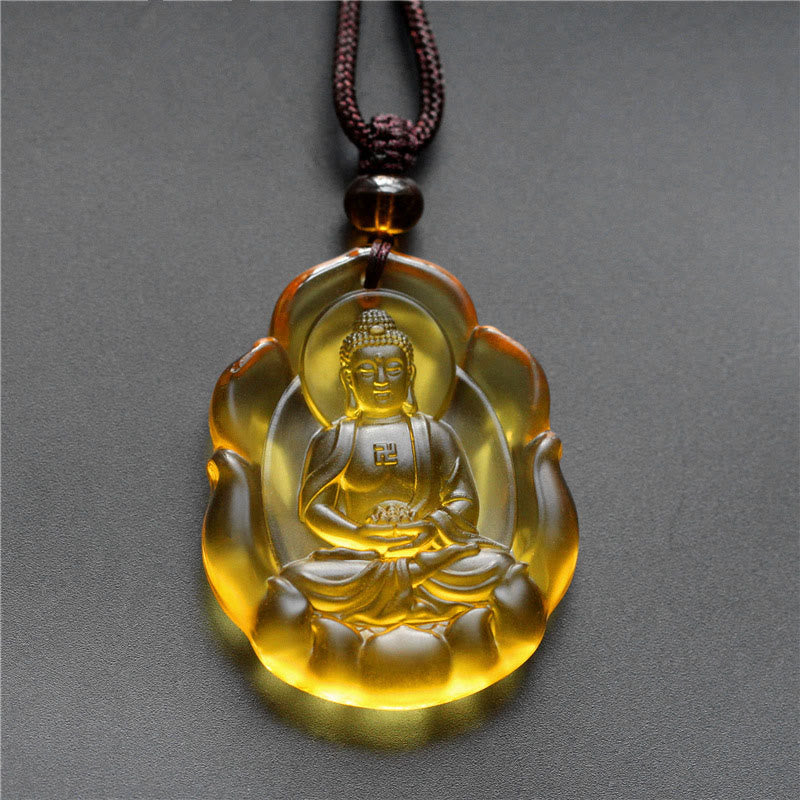 Buddha Stones Liuli Crystal Chinese Zodiac Natal Buddha Protection Necklace Pendant