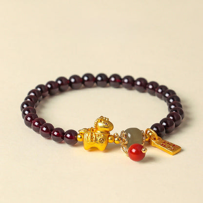 Buddha Stones Year of the Horse Garnet Fu Character Lucky Fortune Charm Protection Bracelet