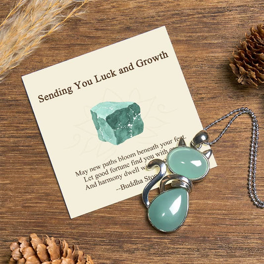 Buddha Stones "sending You Luck and Growth" Cat Green Aventurine Necklace Includes Gift Message Card