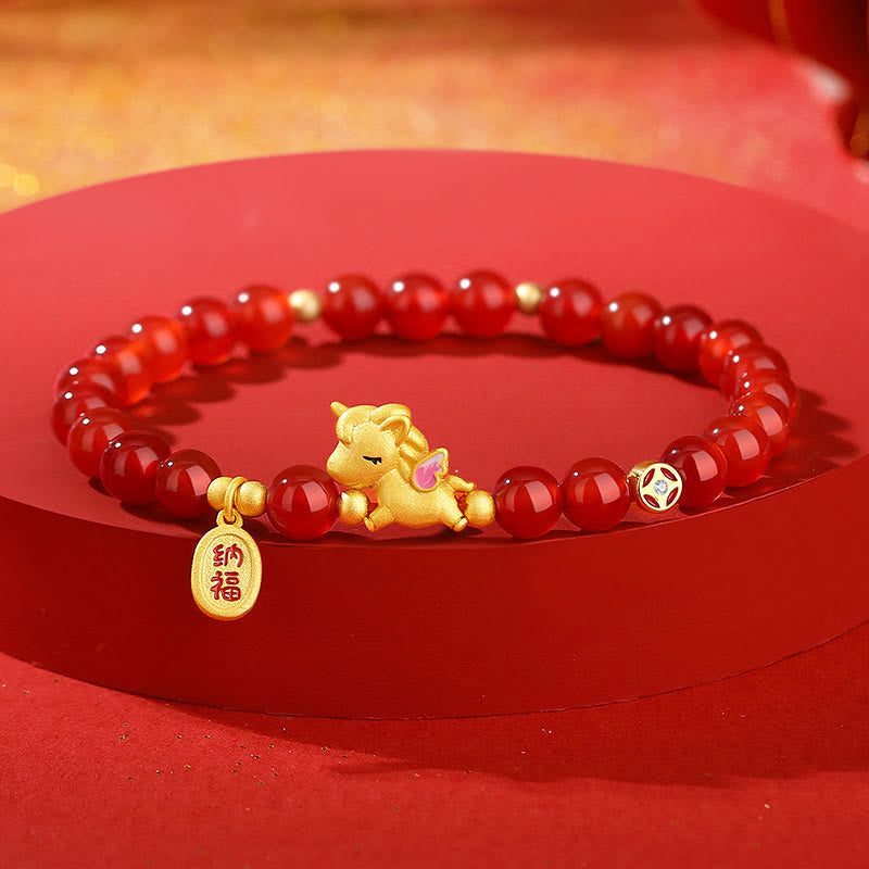 Buddha Stones 925 Sterling Silver Year of the Horse Red Agate Lucky Fortune Confidence Bracelet