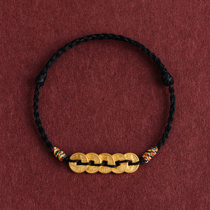 Buddha Stones Five Copper Coins Design Braided String Protection Bracelet Anklet