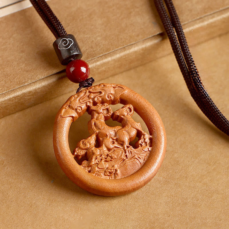 Buddha Stones Peach Wood Chinese Zodiac Year of the Horse Ward Off Evil Spirits Necklace Pendants
