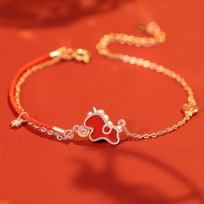 Buddha Stones 925 Sterling Silver Year of the Horse Coin Charm Red Agate Blessing Necklace Pendant