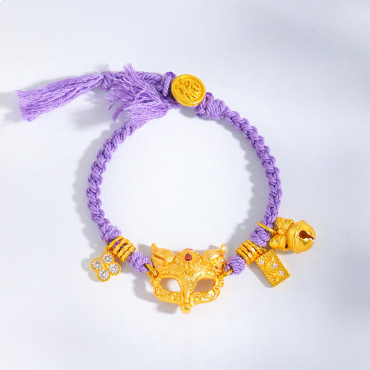 Buddha Stones 24k Gold Plated Brass Fox Bell Charm Fu Character Woven Purple String Luck Bracelet
