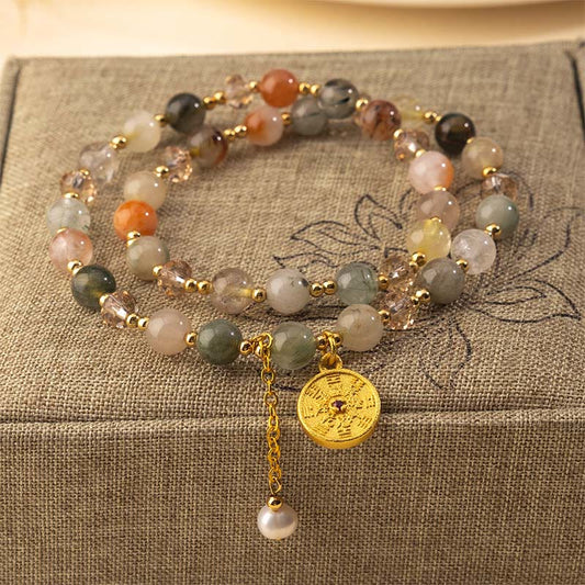 Buddha Stones Colorful Rutilated Quartz Copper Auspiciousness Double Wrap Bracelet