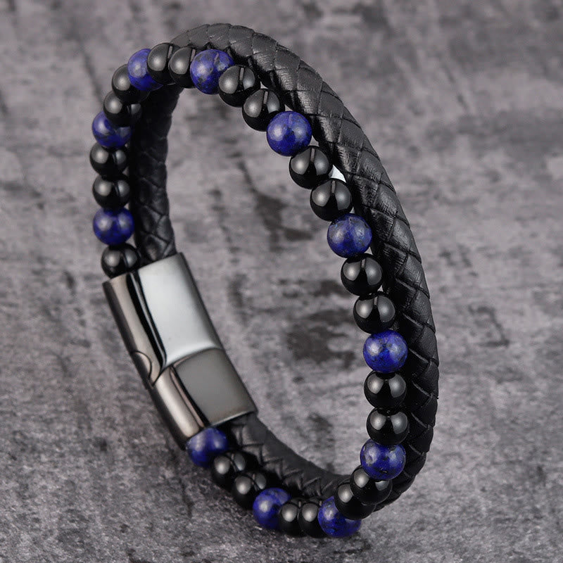Buddha Stones Black Onyx Lazurite Lapis Lazuli Titanium Steel Positive Self Care Leather Bracelet
