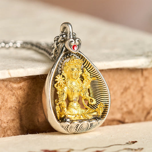 Buddha Stones Green Tara Shakyamuni Buddha Copper Plated Silver Curb Chain Luck Pendant Necklace