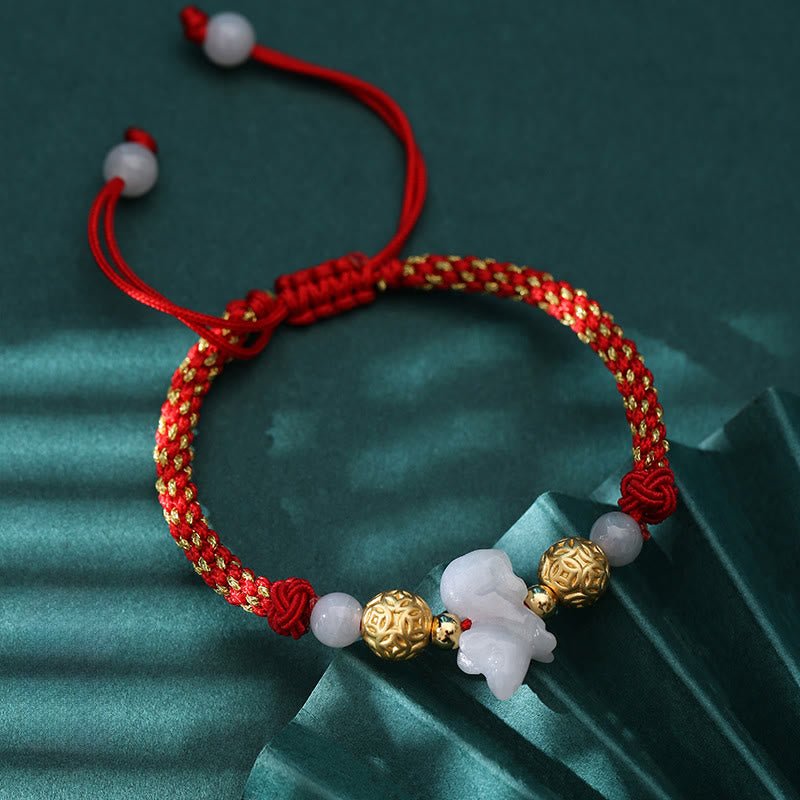 Buddha Stones Chinese Zodiac Jade Silver Beads Year of the Horse Red String Luck Bracelet