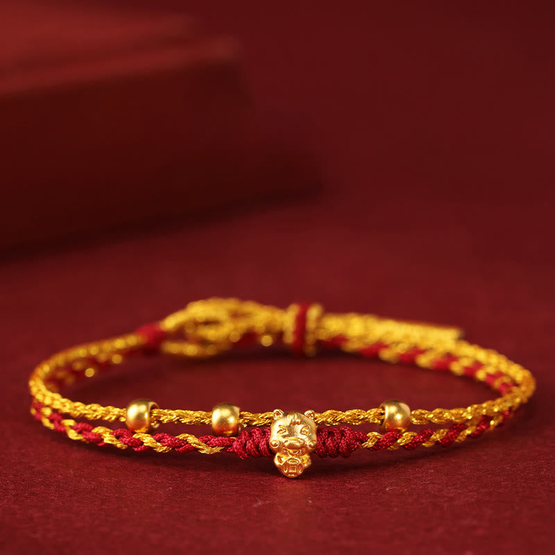 Buddha Stones 999 Gold Beads Year of the Horse Double Wrap Golden Red String Luck Bracelet