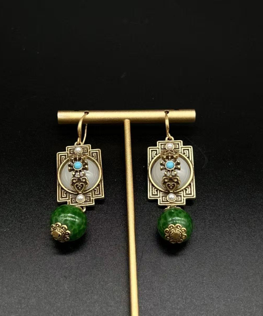 Green Ancient Gold Turquoise Safety Lock Pearl Drop Earrings