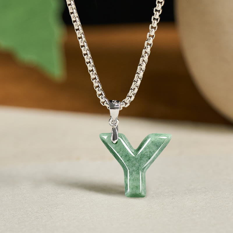 Buddha Stones Natural A-z Letter Jade Titanium Steel Wide Chain Prosperity Necklace Pendant