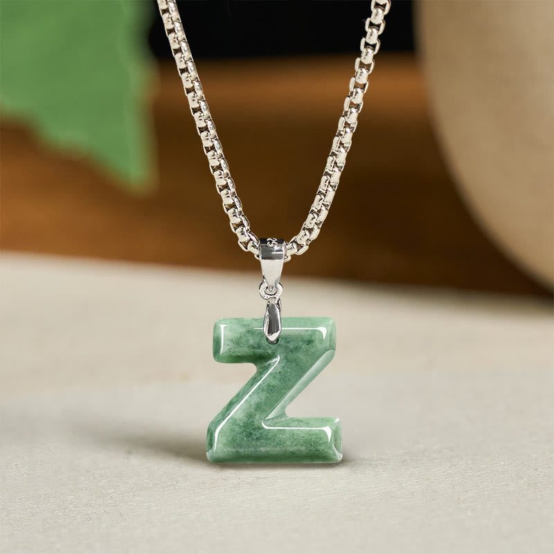 Buddha Stones Natural A-z Letter Jade Titanium Steel Wide Chain Prosperity Necklace Pendant