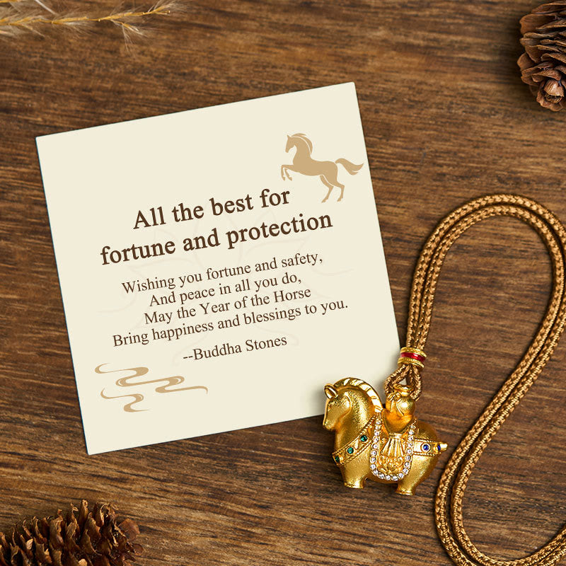 Buddha Stones "all the Best for Fortune and Protection" Year of the Horse 24k Gold Plated Brass Necklace Includes Gift Message Card