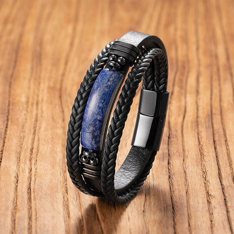 Buddha Stones Hematite Lazurite Lapis Lazuli Black Glitter Stone Pink Crystal Titanium Steel Leather Strengthen Bracelet