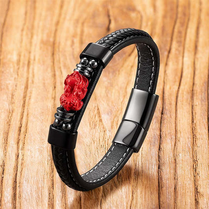 Buddha Stones Cinnabar Buddha Symbol Koi Fish Dragon Fu Character Pi Xiu Design Leather Blessing Bracelet