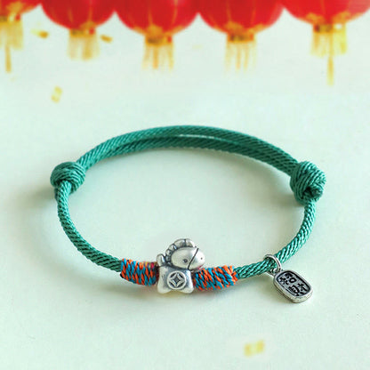 Buddha Stones 999 Sterling Silver Year of the Horse Fu Character Attract Fortune String Rope Luck Bracelet