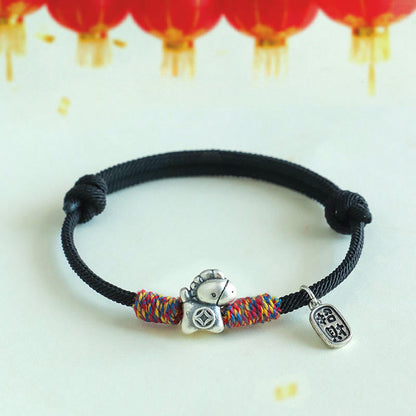 Buddha Stones 999 Sterling Silver Year of the Horse Fu Character Attract Fortune String Rope Luck Bracelet