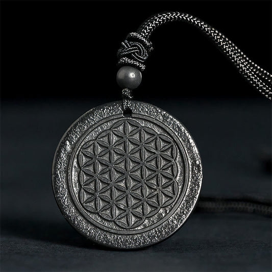 Buddha Stones Flower of Life Carving Design Authentic Shungite Stone Protection Necklace Pendant