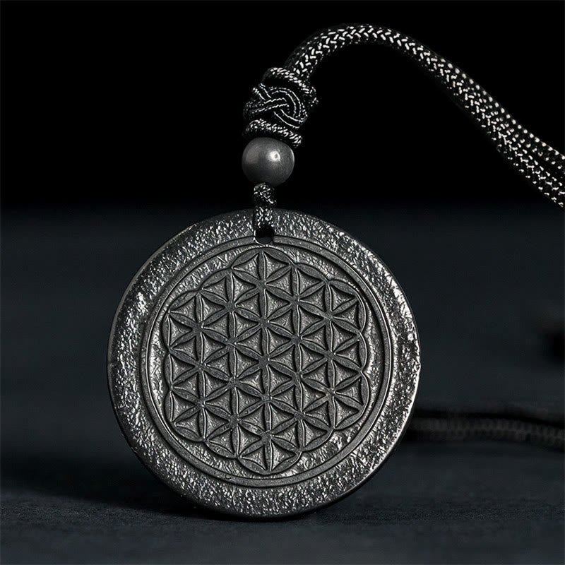 Buddha Stones Flower of Life Carving Design Authentic Shungite Stone Protection Necklace Pendant