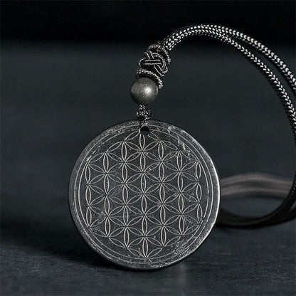 Buddha Stones Flower of Life Carving Design Authentic Shungite Stone Protection Necklace Pendant