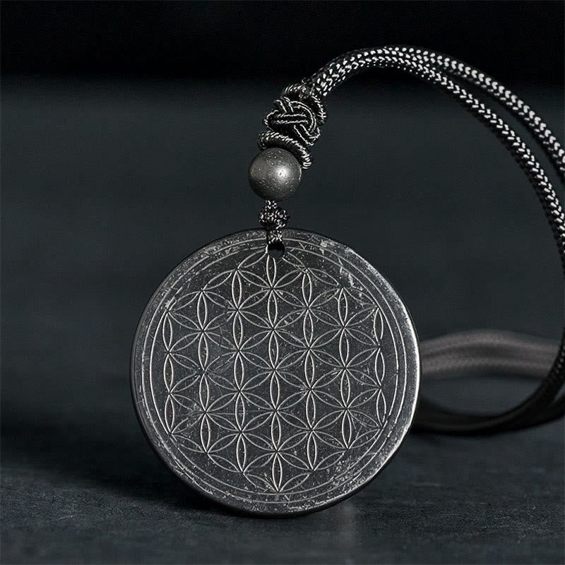 Buddha Stones Flower of Life Carving Design Authentic Shungite Stone Protection Necklace Pendant