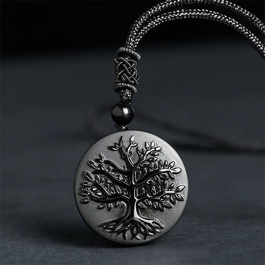 Buddha Stones Natural the Tree of Life Pattern Black Obsidian Transformation Necklace Pendant