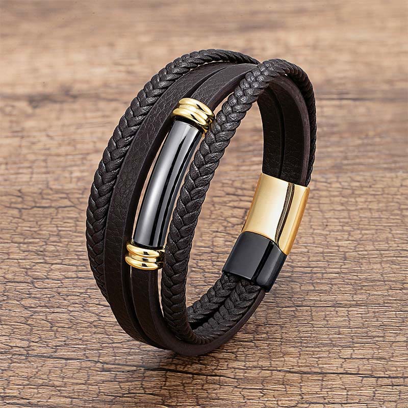 Buddha Stones Multi-layered Simple Design Leather Titanium Steel Balance Bracelet