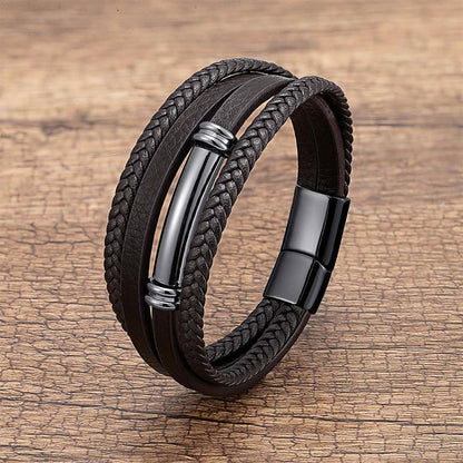 Buddha Stones Multi-layered Simple Design Leather Titanium Steel Balance Bracelet