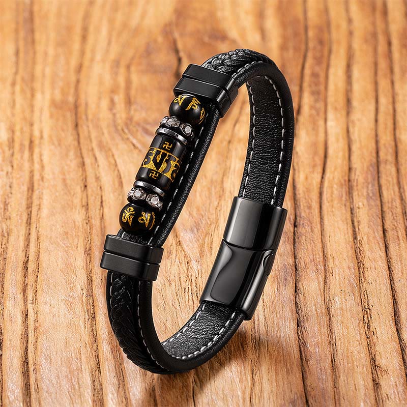 Buddha Stones Om Mani Padme Hum Dragon Symbol Black Onyx Leather Titanium Steel Balance Protection Bracelet