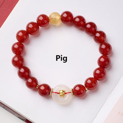 Buddha Stones Chinese Zodiac Year of the Horse Peace Buckle Red Agate White Chalcedony Confidence Bracelet