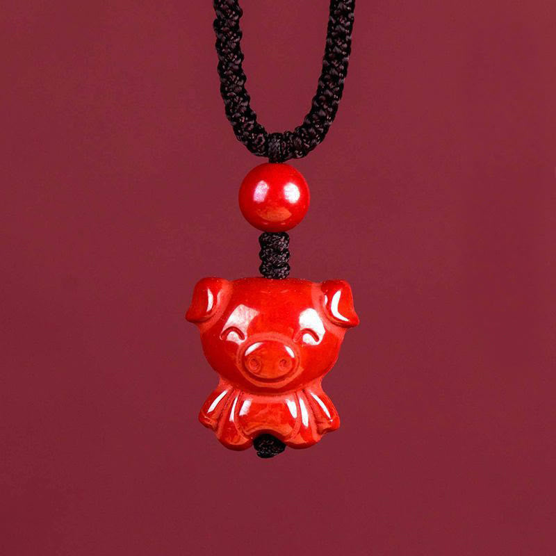 Buddha Stones Year of the Horse Chinese Zodiac Engraved Design Cinnabar Blessing Rope Necklace Pendants