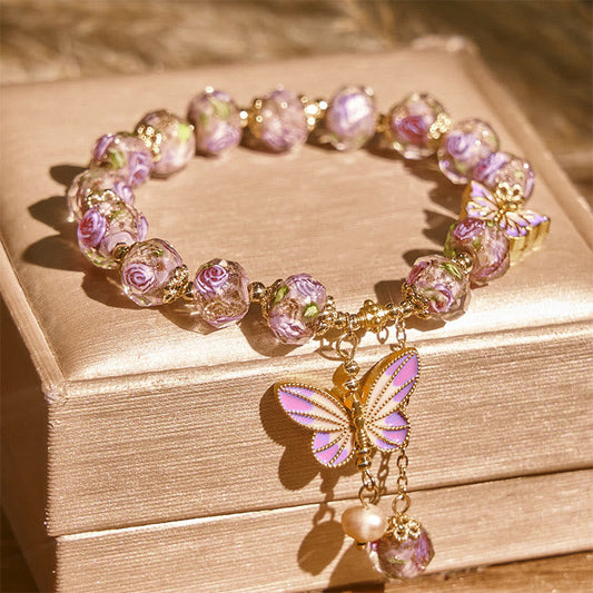 Buddha Stones Double Butterflies Charm Flower Liuli Glass Beaded Love Bracelet