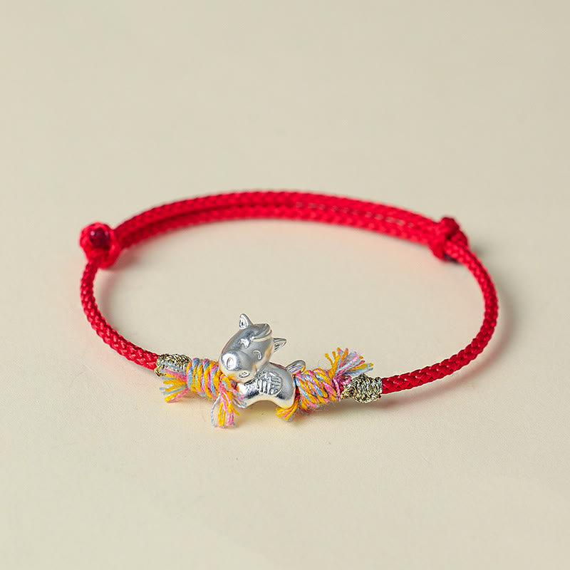 Buddha Stones Year of the Horse 999 Sterling Silver Winged Horse Fu Character Red String Luck Bracelet