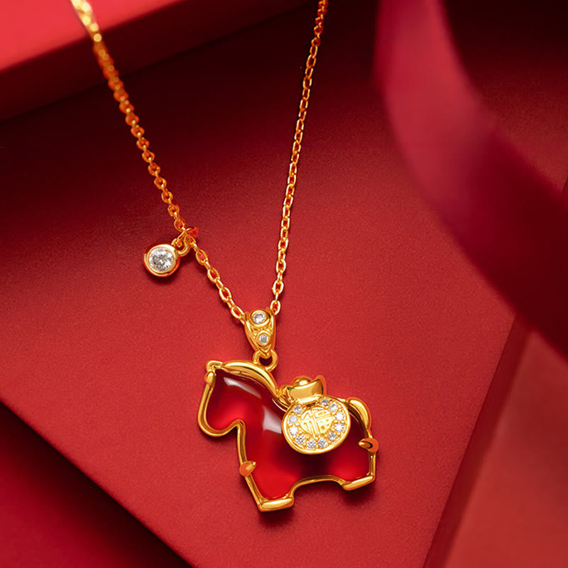 Buddha Stones Year of the Horse Red Agate Fu Character Confidence Necklace Pendants