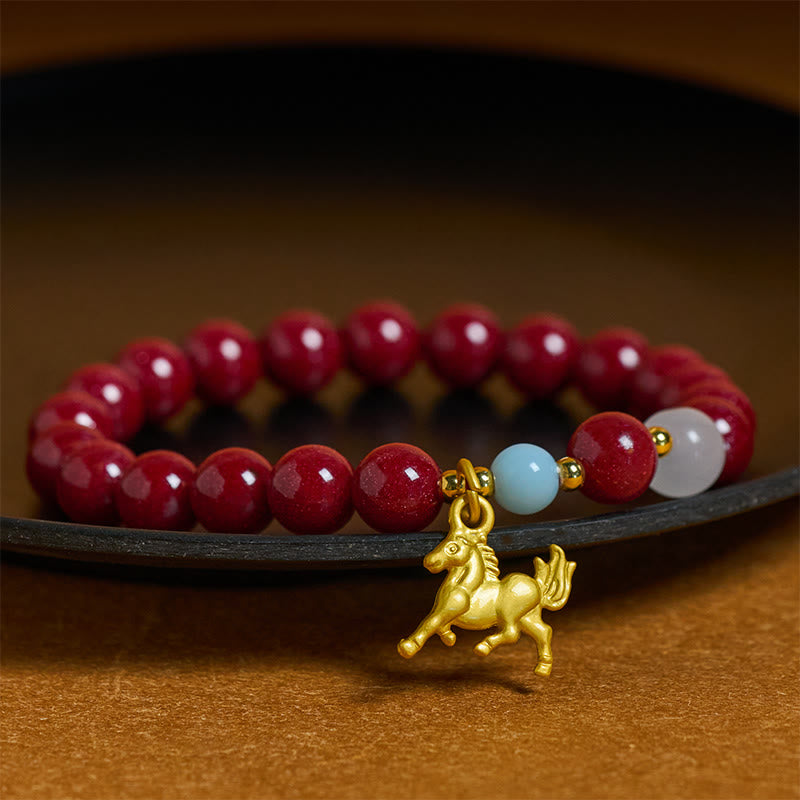 Buddha Stones Year of the Horse Running Horse Charm Cinnabar Blessing Bracelet