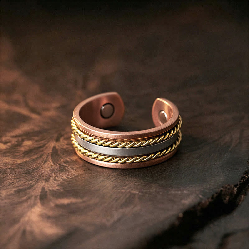 Buddha Stones Retro Twisted Design Copper Open Wealth Luck Cuff Bracelet Bangle Ring