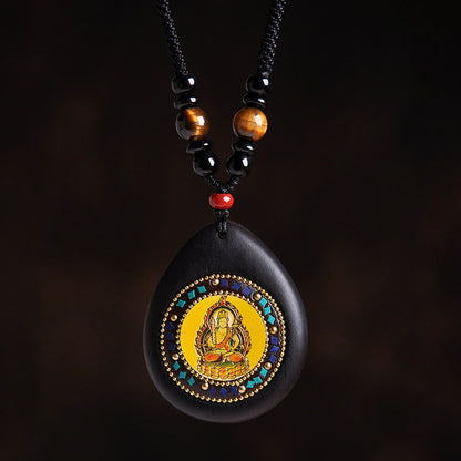 Buddha Stones Chinese Zodiac Natal Buddha Ebony Wood Tiger Eye Black Onyx Calm Necklace Pendants