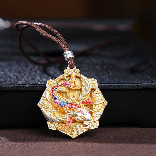 Buddha Stones 999 Sterling Silver Colorful Koi Fish Carved Luck Necklace Pendant