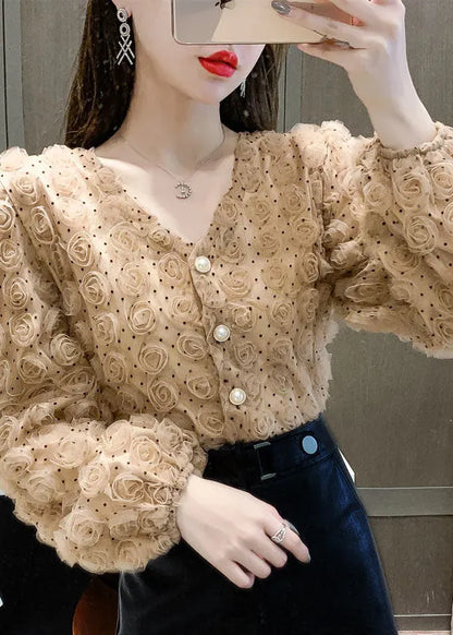Chocolate Button Loose Tops V Neck Long Sleeve