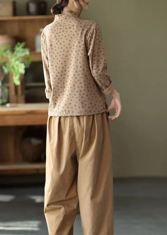 Diy Khaki Asymmetrical Print Cotton Top Long Sleeve