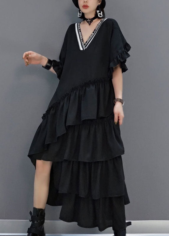 Art Black V Neck Ruffled Asymmetrical Long Dress Spring