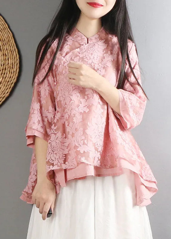 Pink Mandarin Collar Cotton Shirt Top Bracelet Sleeve